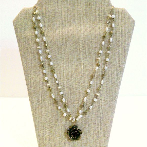 Brass Tone Faux Pearl Multi Strand Rose Pendant Necklace * - Picture 2 of 4
